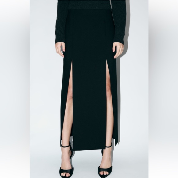 Zara Black Slit 100% Wool high waist Midi Skirt size XS ZW Collection NWT - Picture 4 of 15
